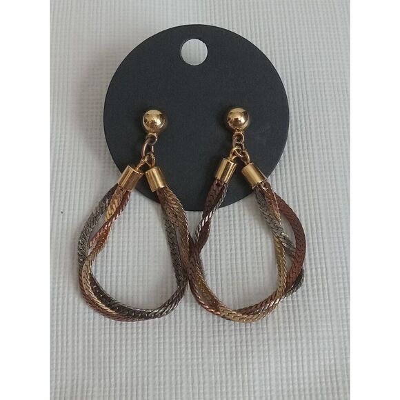 Gold Silver and Bronze Toned Interlocked Metal Herringbone Chain Drop Earrings - Picture 5 of 9